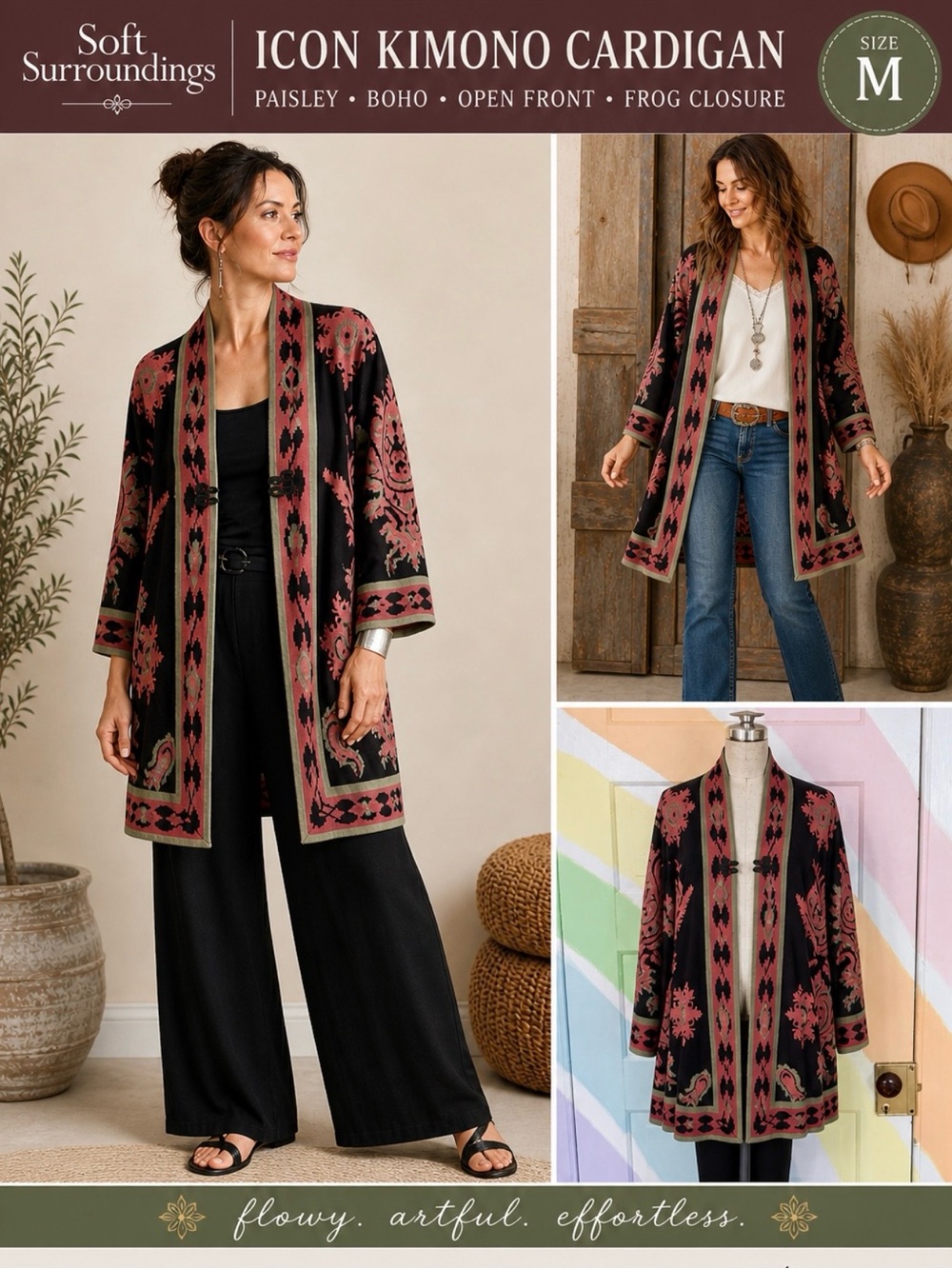 Soft Surroundings Icon Kimono Cardigan Paisley Boho Open Front Frog Closure~M💚